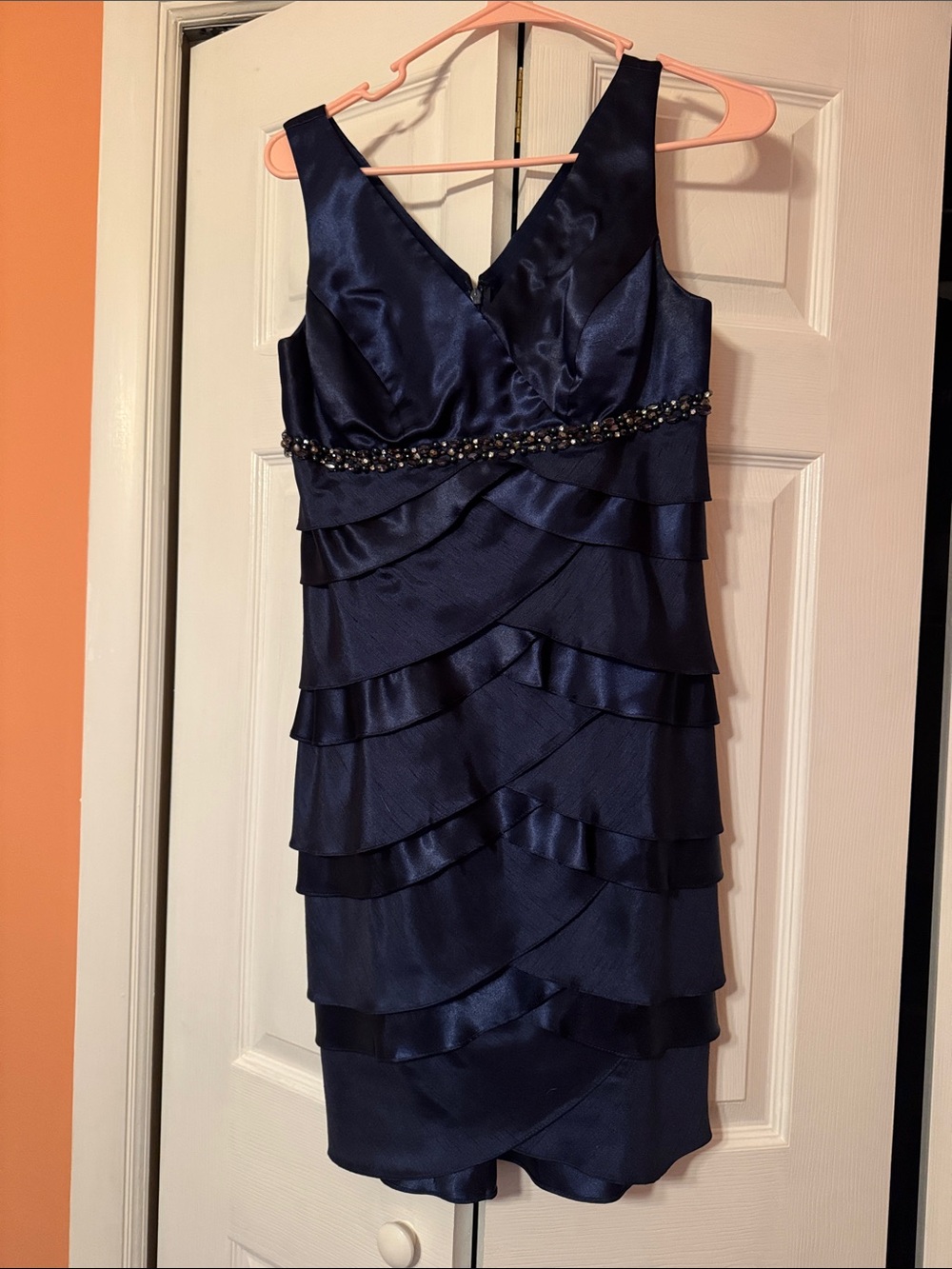 Jessica Howard Navy Satin Tiered Beaded Waist Midi Dress